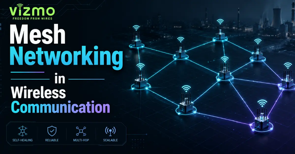 Mesh networking in wireless communication showing interconnected wireless nodes