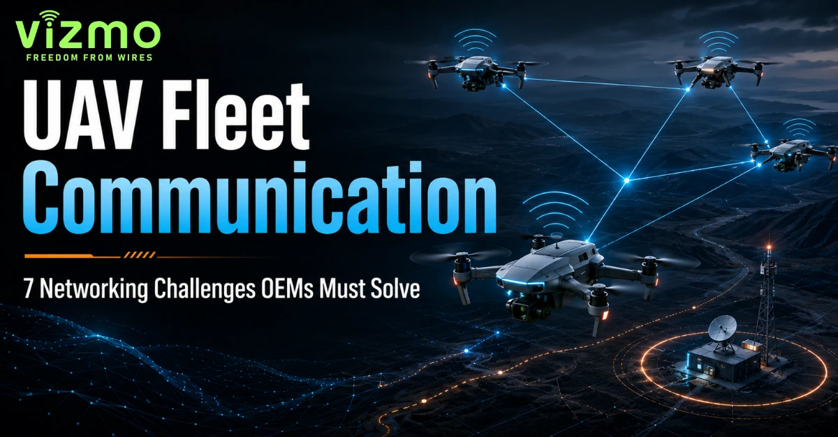 UAV Fleet Communication – 7 Networking Challenges OEMs Must Solve UAV fleet communication network showing multiple drones connected through wireless links