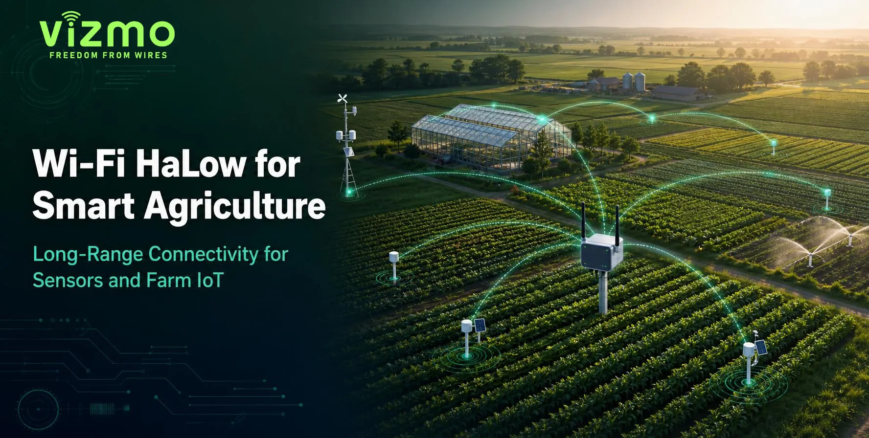 Wi-Fi HaLow smart agriculture network connecting soil moisture sensors, irrigation systems and farm IoT gateway.