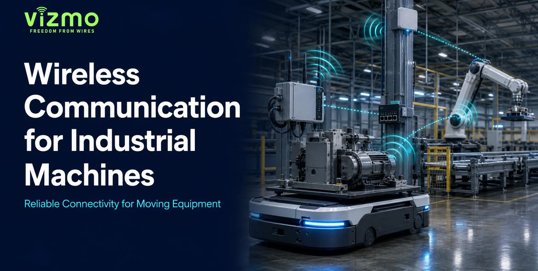 Wireless communication for industrial machines showing moving equipment connected through industrial Wi-Fi networks